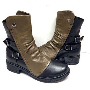 MIZ MOOZ SOFT LEATHER BOOTS SIDE ZIPPER OLIVE / BLACK 37EU / 7US NEW # Z-213